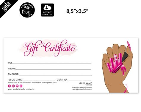 gift certificate nail salon manicure gift card editable etsy