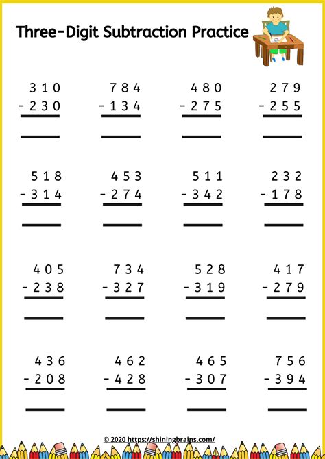 digit vertical subtraction  regrouping worksheets
