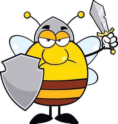 angry pudgy bee warrior  shield  sword stock photography image