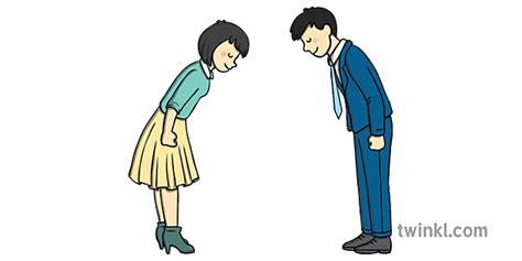 Man And Woman Bowing To Each Other Japan Greeting Ks1 Illustration Twinkl