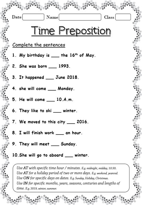 time preposition worksheet