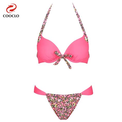 Cooclo Pink Floral Cute Girl Bikini Set Push Up Swimwear Brazilian