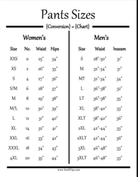 Women S Pants Size Chart To Men S