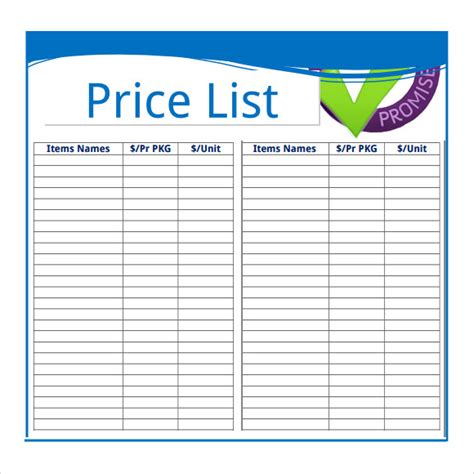 price sheet template   samples examples format