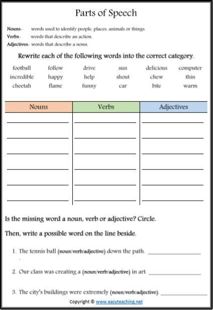 parts  speech nouns verbs adjectives worksheets easyteachingnet