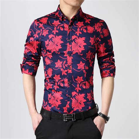 flower floral casual shirt menbig yards slim long sleeve shirt men fashion brand cotton