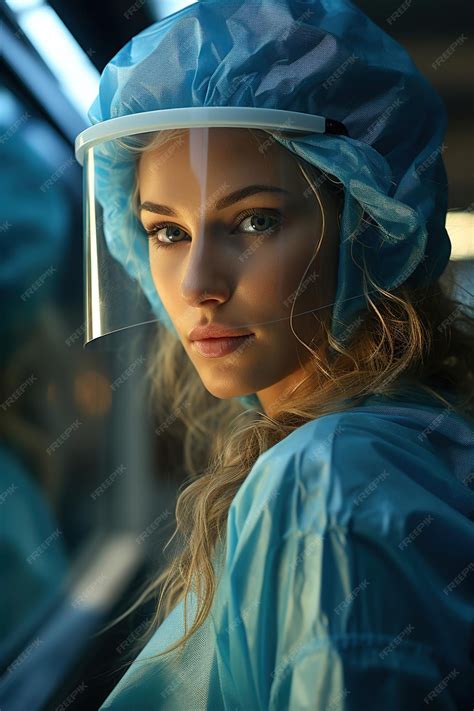 Premium Ai Image A Woman Wearing A Surgical Mask And Blue Scrubs