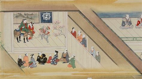 this scene from the handscroll shows a comic skit being watched by an audience of all ages