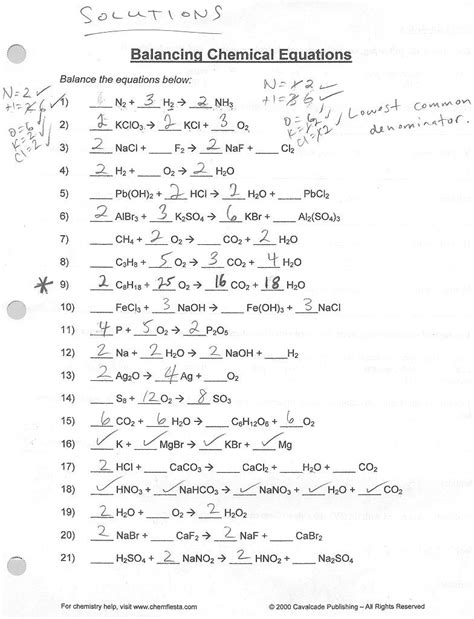 balancing equations worksheets  answer key