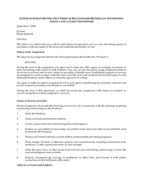 letter  intent  hire advertising agency legal forms  business