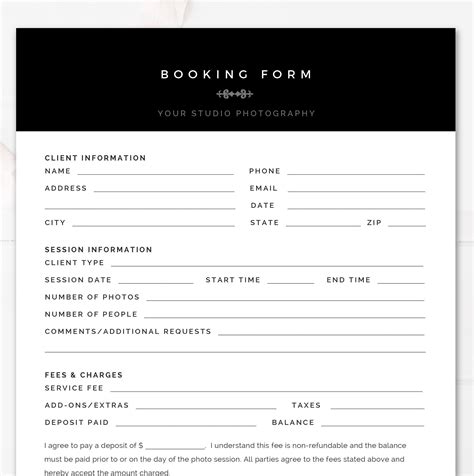 modern black white booking form template printable etsy