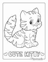 Coloring Cat Pages Kitten Cute Kids Easy Simple Striped sketch template