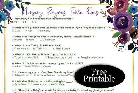 printable nursery rhymes trivia quiz  answer key baby games