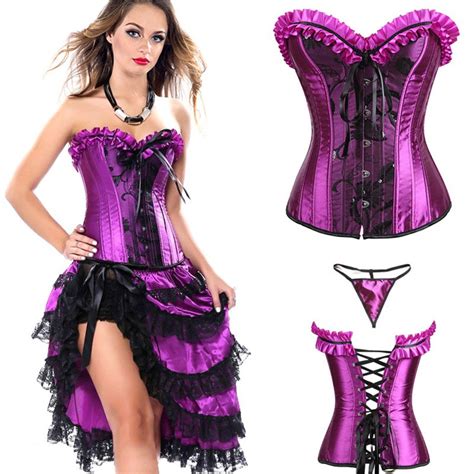 sexy satin lace up boned overbust corset busiter vintage embroidery