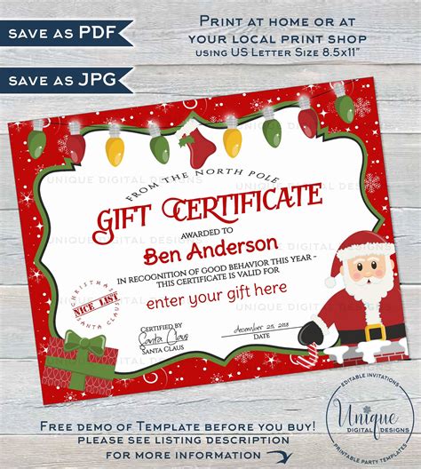 gift certificate template editable gift certificate  santa custo