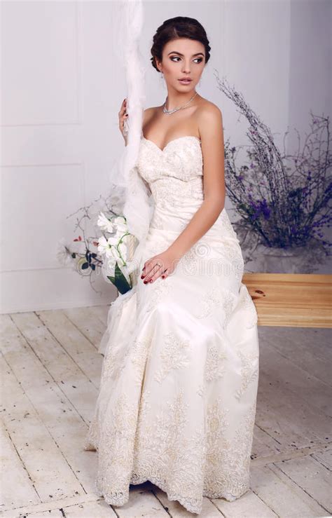 beautiful elegant bride in wedding dress sitting on swing stock image image of pretty dark