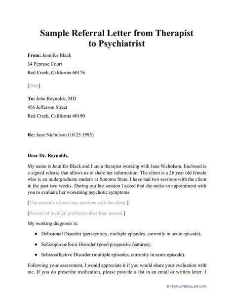 sample referral letter  therapist  psychiatrist