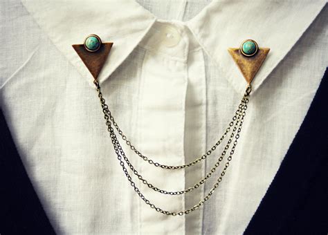 triangle collar pins  turquoise stones chain pin collar chain
