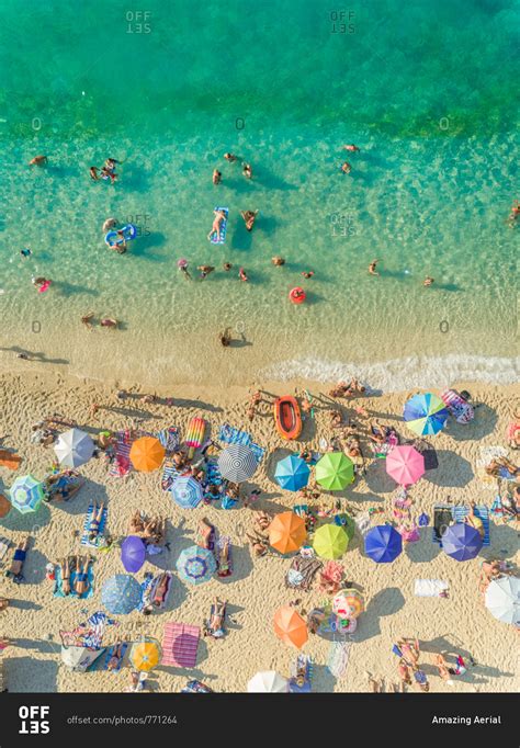 aerial view  people  crowded beach enjoying summer lefkada greece stock photo offset