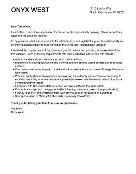 corporate responsibility cover letter velvet jobs