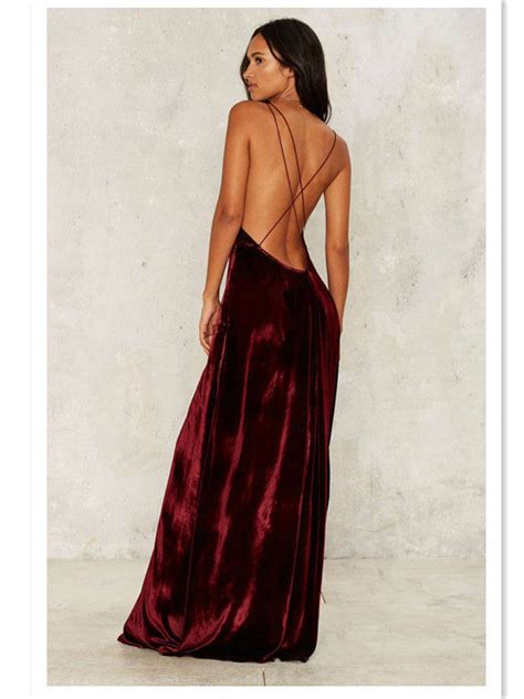 wine red velvet open back slit plunging dress