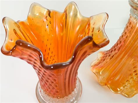 Vintage Amber Art Glass Vases 2 Orange Iridescent Glass Vases Frilled