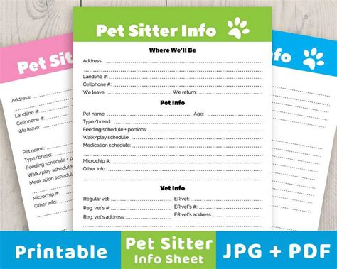 pet sitter info sheet printable  digital  shop