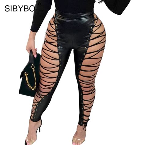 sibybo lace up hollow out pu sexy pants women fashion high waist skinny