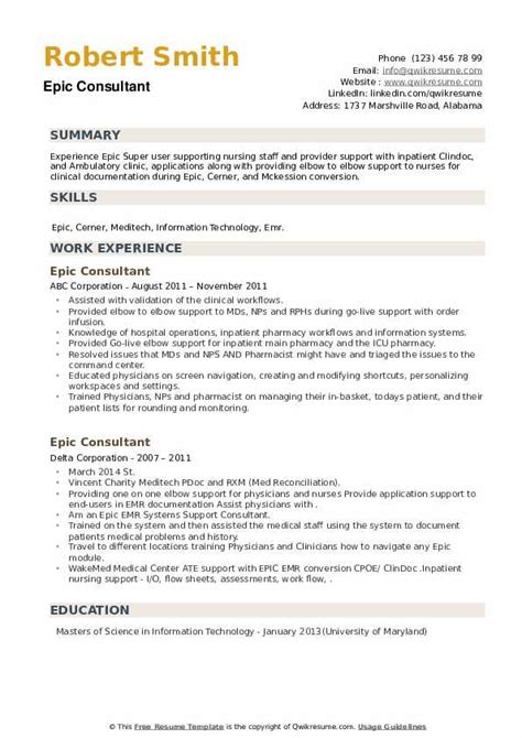 epic consultant resume samples qwikresume
