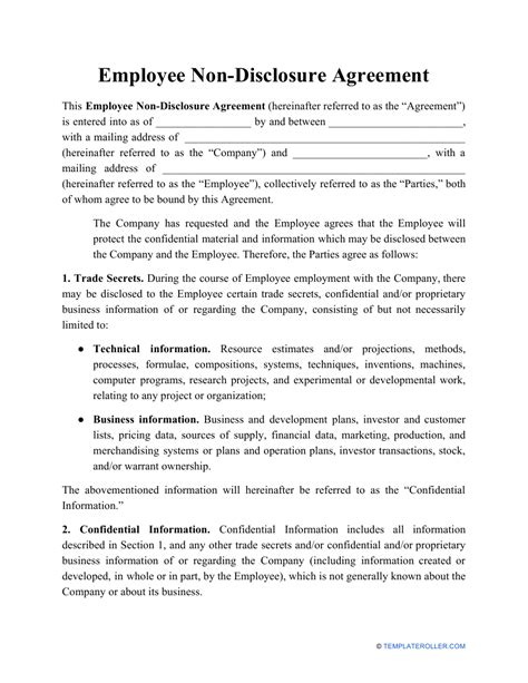 employee non disclosure agreement template download printable pdf