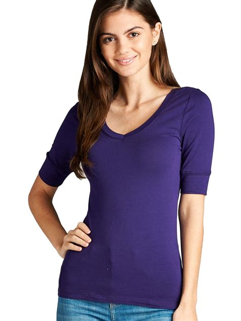 womens basic elbow sleeve  neck cotton  shirt plain top  size