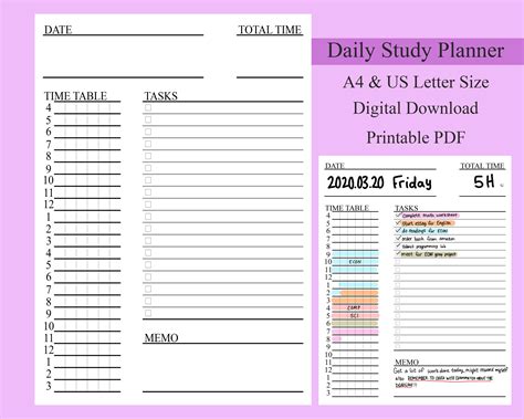 daily study planner printable  template  minute planner etsy uk