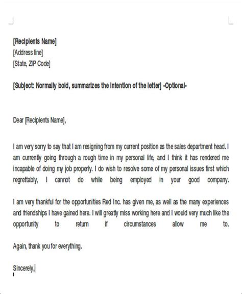resignation letter format personal reason