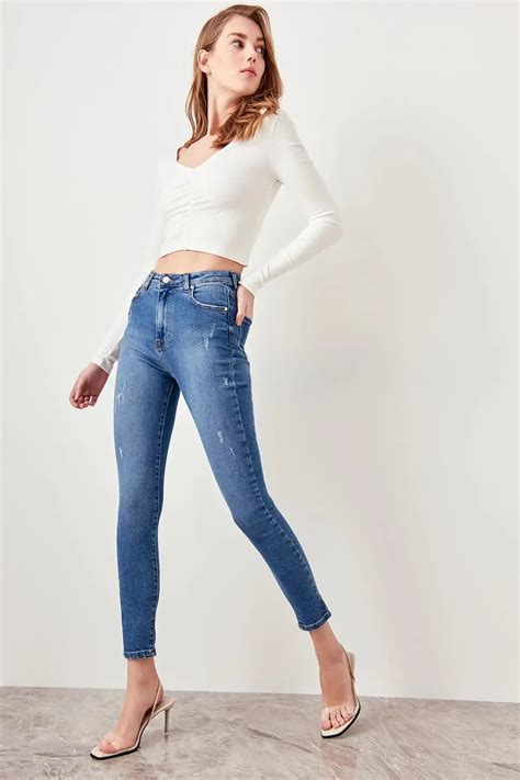 trendyol blue high waist skinny jeans corroding  twosslr
