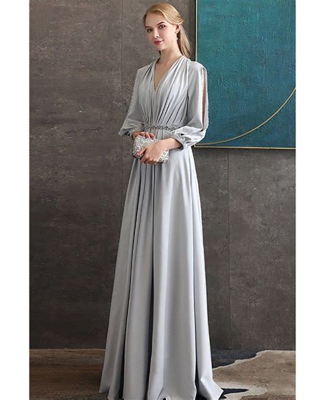 Elegant Long Grey Evening Formal Dress Vneck With Long