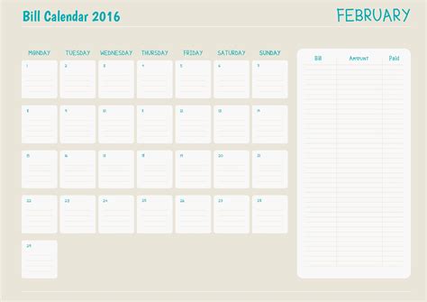 printable bill calendar     printablee