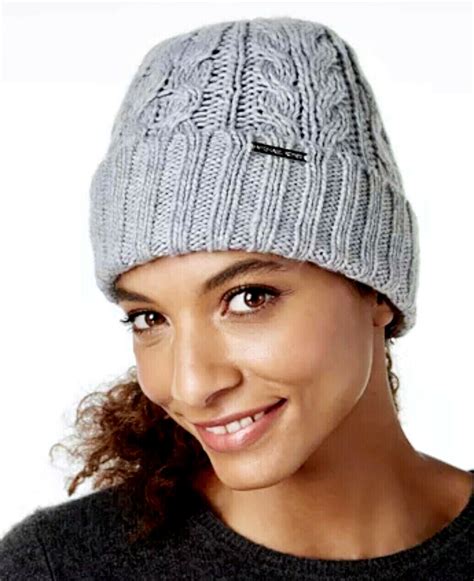 Michael Kors Womens Beanie Winter Hat Cable Knit Pearl Heather Grey