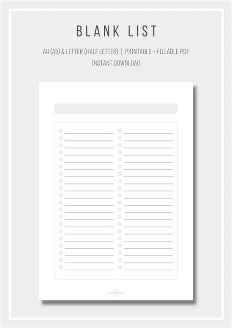 printable blank list simple list template planner insert etsy