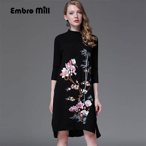 2017 Autumn Winter Dress Vintage Embroidery Loose Black