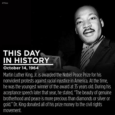 day  history dr martin luther king jr won  nobel peace prize  years  today