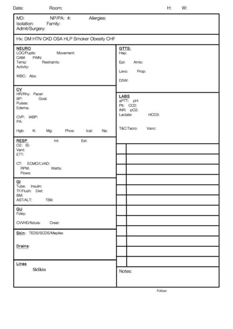 nursing report sheet printable