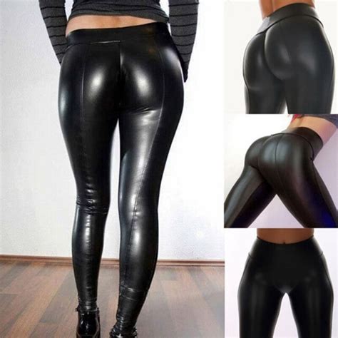 womens faux leather high waist leggings pants wet look push hip up