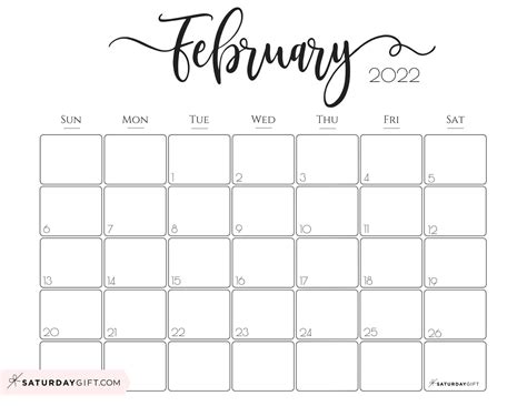 elegant february  calendar  printable horizontal landscape