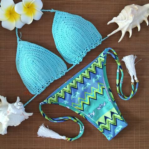 crochet blue bikini swimwear 2017 new arrival halter bordered swimsuit