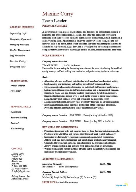 team leader resume supervisor cv  template sample jobs work