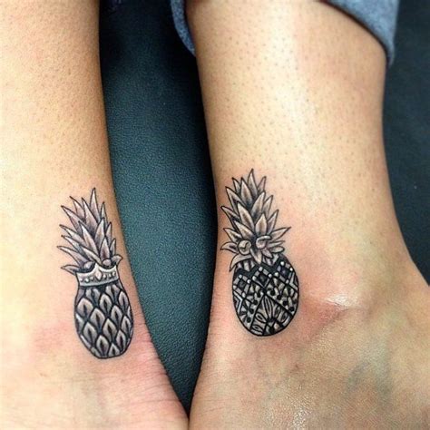 Matching Friend Tattoos Two Black And Grey Pineapples One Wearing A