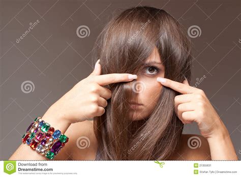 shy girl spy through the hair stock image image of fresh brunette