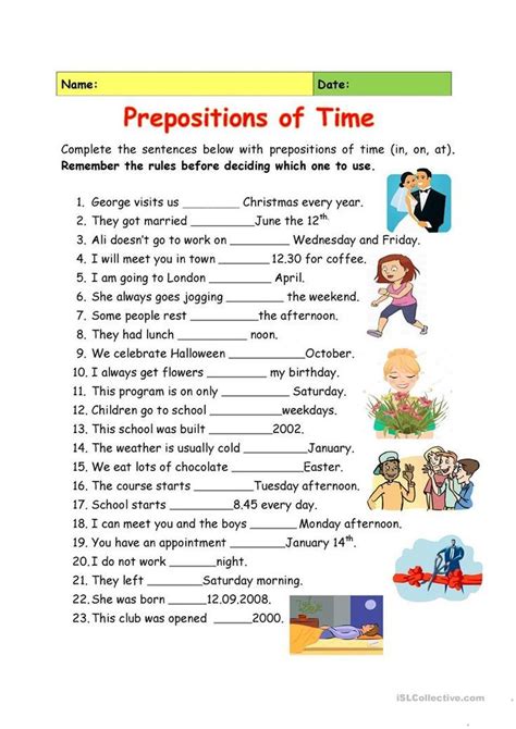 prepositions  time english prepositions preposition worksheets