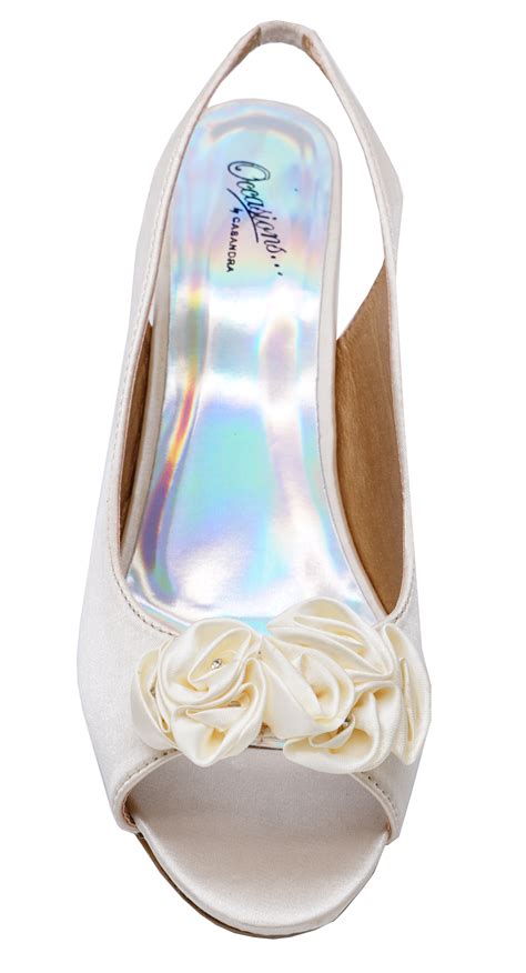 womens cream satin peep toe slingback low heel wedding