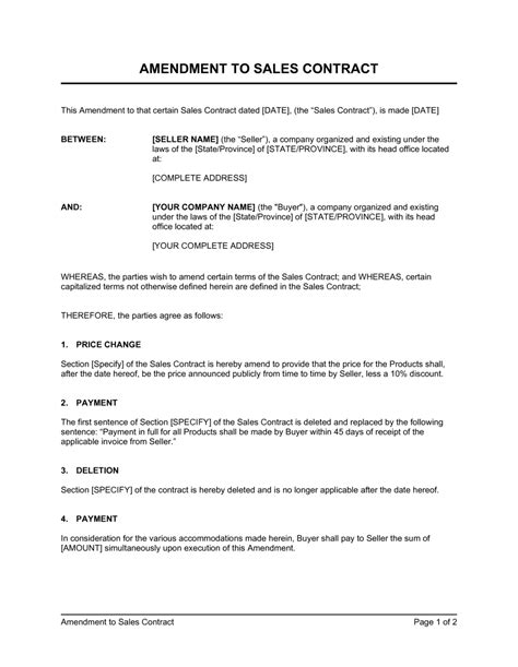 amendment  sales contract template  business   box